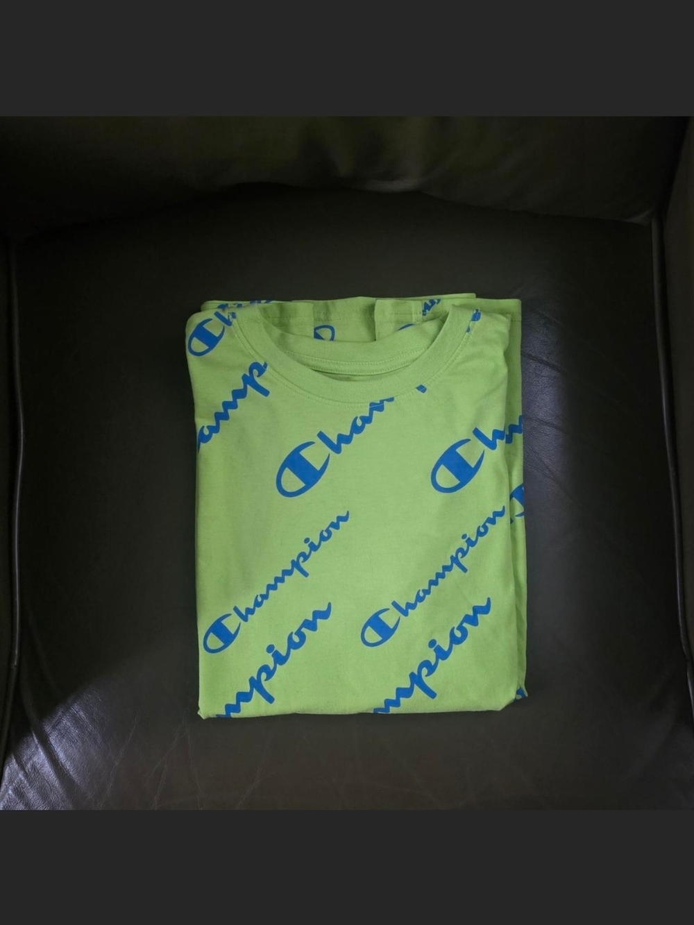 Champion Neon Green Tee with All-Over Blue Logo